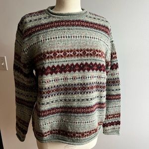 Eddie Bauer Wool Fair Isle Sweater soft blue background.